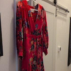 Anthropologie Vibrant Red Floral Long Sleeve Dress